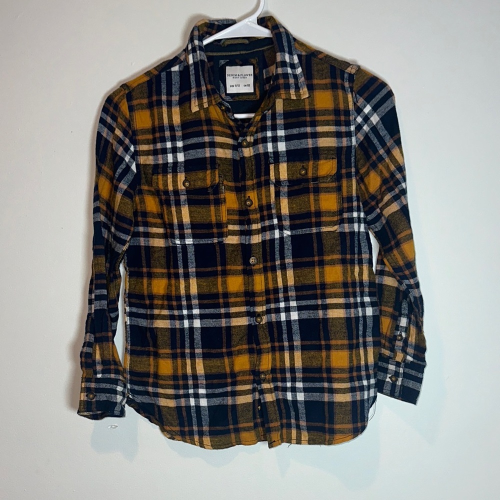 Denim & Flower Plaid Button Down Shirt - Navy, White, Mustard